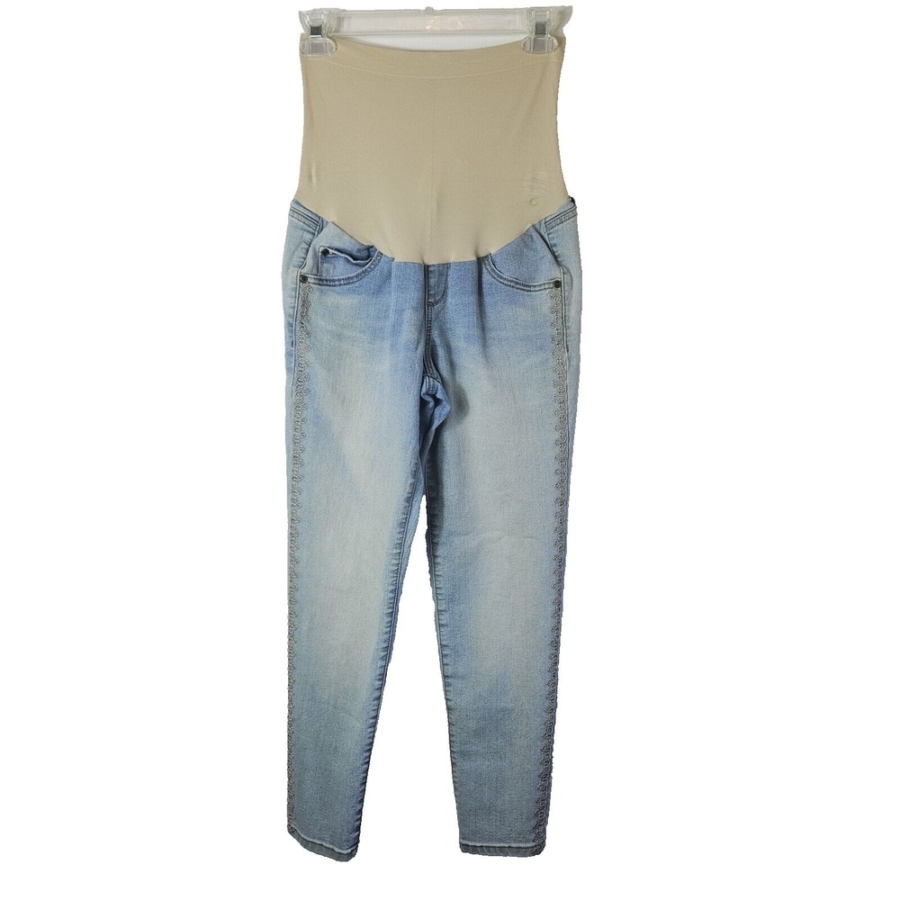 a:glow Women Light Wash Embroidered Side Maternity Ankle Jeans 6-mat Boho Skinny